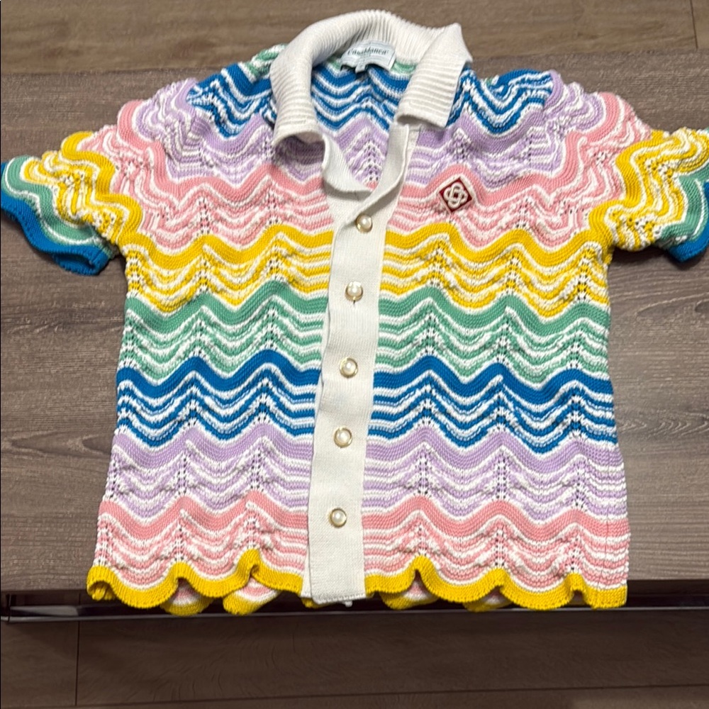 Pink and Yellow Scalloped Button Down Shirt - Picture 3 of 4